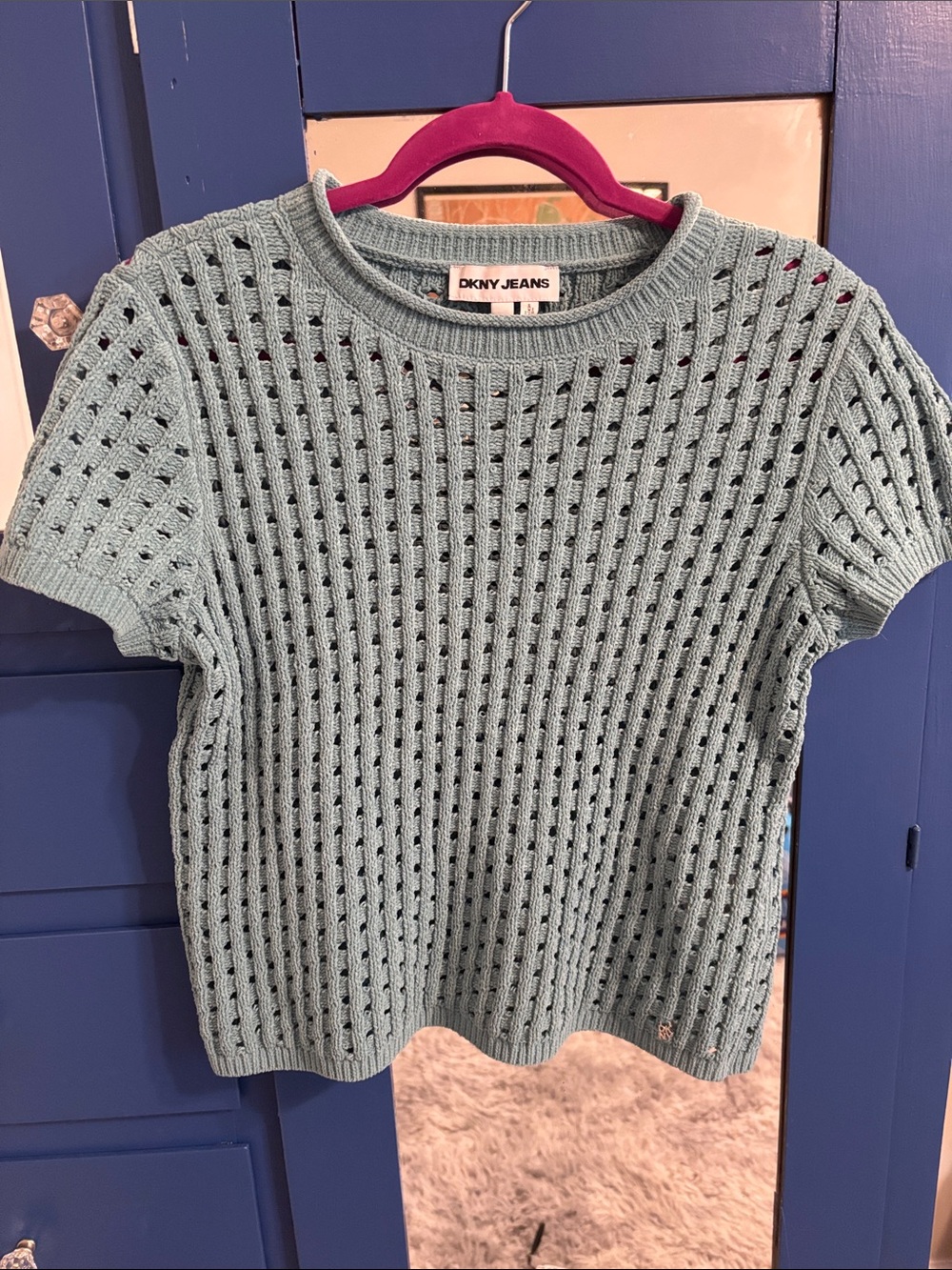 DKNY Jeans Teal Open-Knit Short Sleeve Sweater Top
